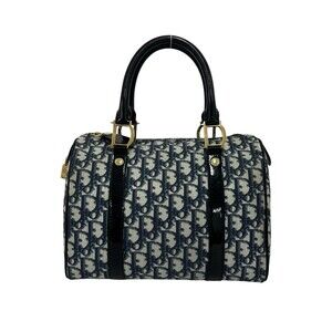 Christian Dior Trotter Pattern Leather Handbag Mini Boston Bag Navy 31975